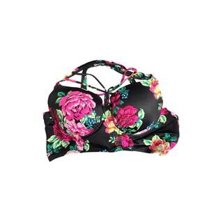 Torrid 1 Swim Top Bikini Bra Black Floral Pad Underwire Size 1X D/DD Adjustable
